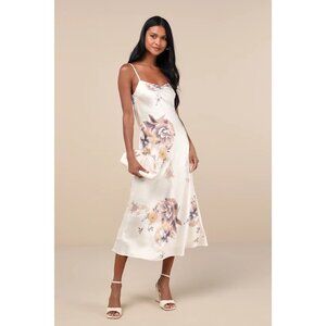LULUS Womens Large Certified Stunning Beige Satin Floral Lace up Midi Dress